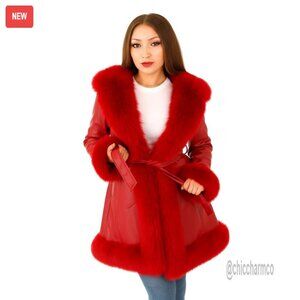 Women's Vegan Leather Winter Coat with Faux Fur Trim and Belt